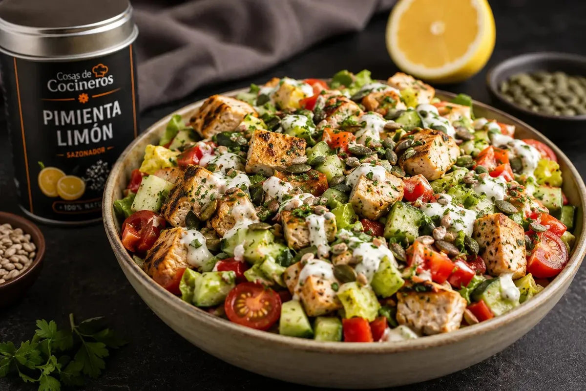 Ensalada chopped de pollo con pimienta limón, verduras y aliño de yogur