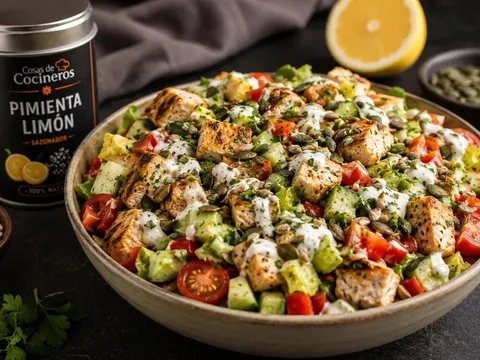 Ensalada chopped de pollo con pimienta limón, verduras y aliño de yogur