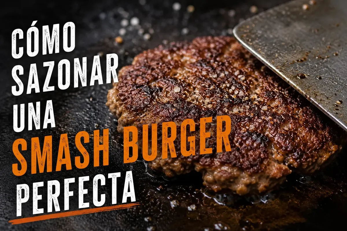 Smash burger con borde crujiente y caramelizado recién sazonada en la plancha
