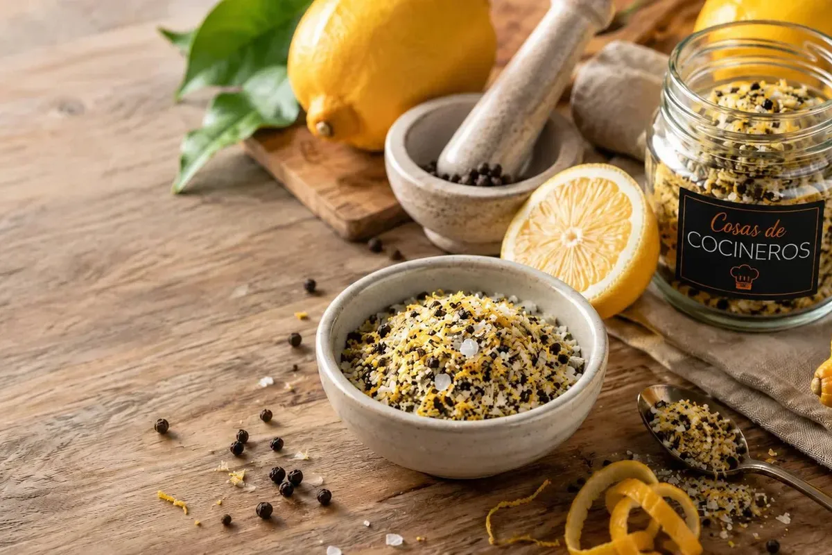 Bote de lemon pepper casero hecho con cáscara de limón, lima, pimienta y sal