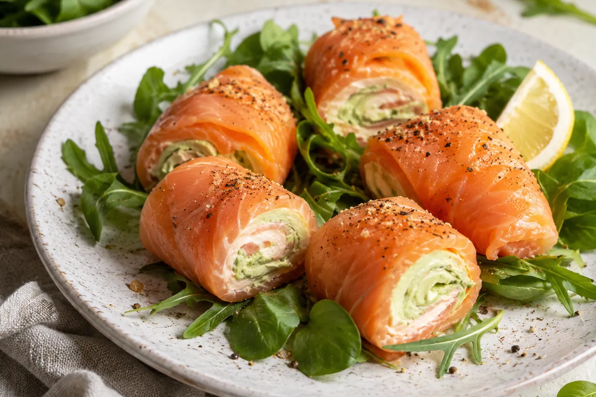 Rollitos de salmón ahumado con queso fresco y aguacate sobre una tabla