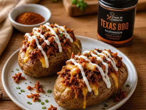 Patata asada rellena de pollo BBQ desmenuzado y queso gratinado