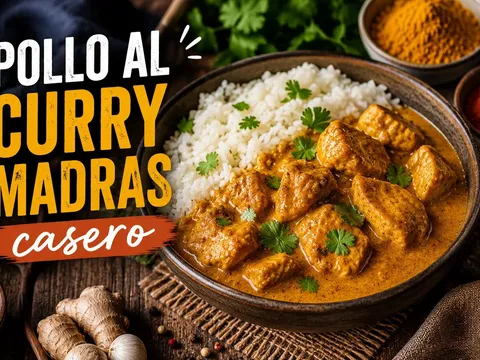 Pollo al curry Madras casero con arroz basmati y cilantro fresco